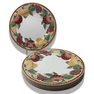 Pier 1 Set of 5 Earthenware Mosaic Fruit Design Dinner Plates Made in Italy